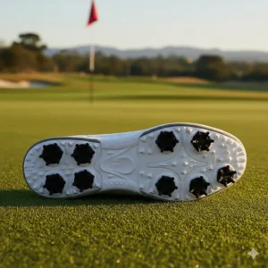 The sole of a wide golf shoe with soft spikes or cleats, emphasizing superior traction and stability for powerful swings.