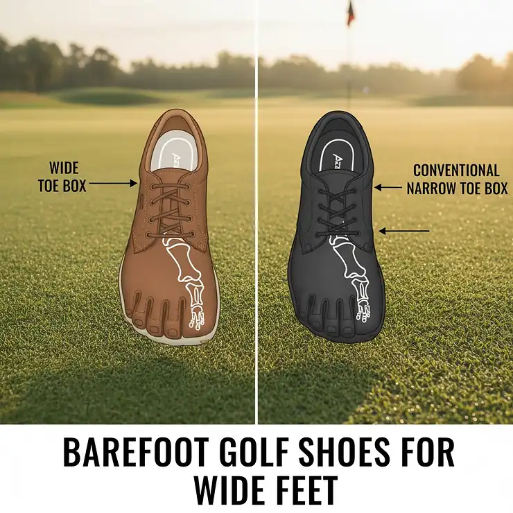 Diagram showing the spacious, foot-shaped design and wide toe box of barefoot golf shoes compared to conventional golf footwear.