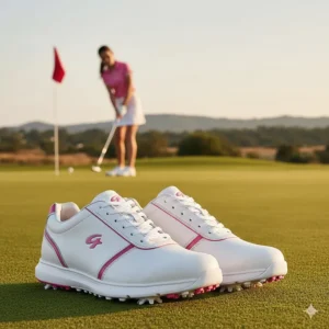 A stylish white and pink design of women's wide fit golf shoes emphasizing a more tailored look for female golfers.