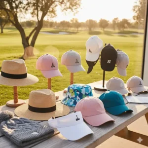 Retail display showcasing a variety of fashionable ladies golf hats and caps, appealing to different style preferences.