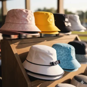 A selection of colorful women's golf bucket hats displayed on a rack.