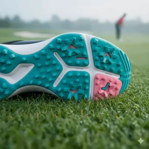 Sole of a spikeless women's golf shoe, demonstrating excellent traction and grip in all weather.