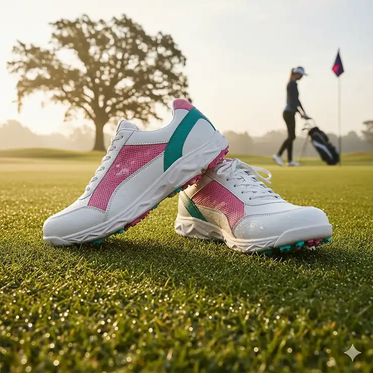 Close-up of womens waterproof golf shoes on a wet fairway, highlighting the traction and design.