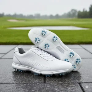 An elegant pair of white women's waterproof golf shoes designed to offer protection and support without sacrificing style.