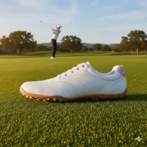 Close-up of a zero-drop golf shoe for women, showing the thin, flat sole for maximum ground feel and balance.