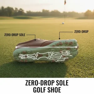 Close-up of the zero-drop sole on a pair of barefoot golf shoes for wide feet, promoting better posture and ground feel.