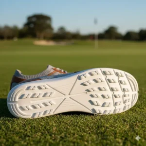 Detailed shot of the flexible, thin, zero-drop sole and rugged traction pattern of the men's barefoot golf shoe.