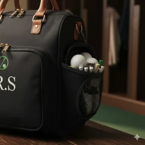 Convenient zippered front pocket on the custom golf shoe bag used for storing tees, balls, and a divot tool.