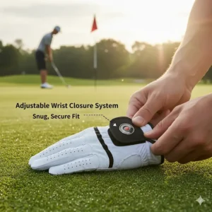 Adjustable wrist closure system on a left handed golf glove for men ensuring a snug, comfortable fit.