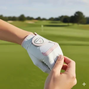 The adjustable wrist closure feature on a women's golf glove ensuring a snug and secure fit during play.