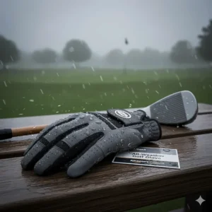 Reviewing an all-weather golf glove for men on Amazon, designed with a secure grip for wet or humid conditions.