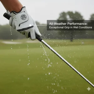 All-weather left-handed golf glove for men designed to maintain excellent grip in wet conditions.