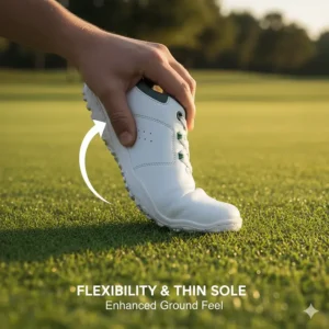 A hand demonstrating the exceptional flexibility and thin sole of a minimalist shoe, which enhances ground feel in barefoot golf shoes.