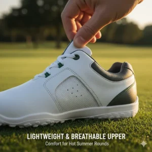 Detail of the breathable and lightweight upper material, important for comfort during a round in the summer heat.