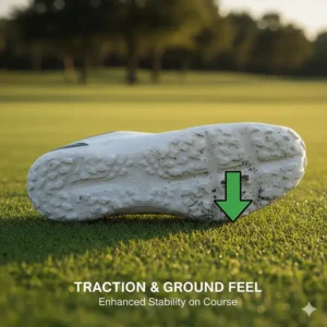 Close-up of the specialized rubber tread, designed for excellent traction and ground feel on the course with barefoot golf shoes.