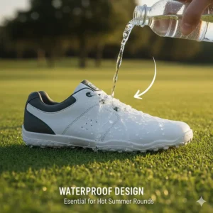 Image of a shoe emphasizing its waterproof or water-resistant design, a vital feature how to choose barefoot golf shoes for wet conditions.