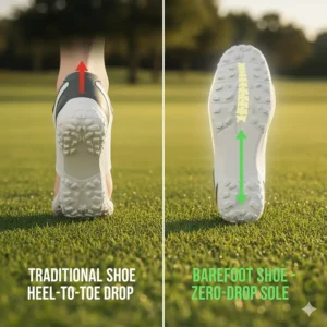 Diagram comparing a traditional heel to a zero-drop sole, a main feature to look for in barefoot golf shoes for better alignment.