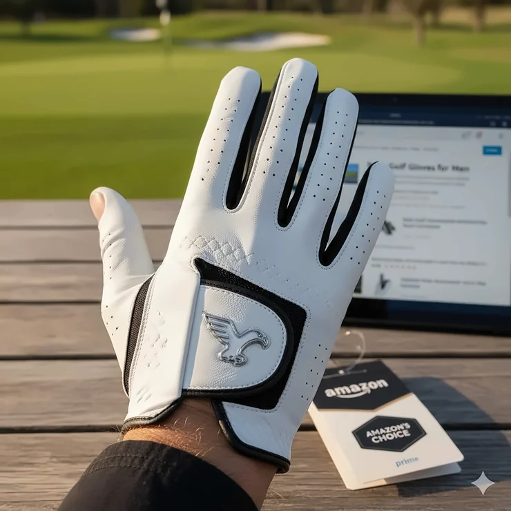 Best golf gloves for men on Amazon, showing a close-up of a top-rated leather golf glove, providing excellent grip and feel.