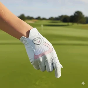 Breathable mesh material on the back of the hand of a right handed women's golf glove for enhanced airflow and moisture reduction.