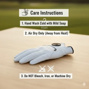 Simple care instructions for cleaning and maintaining the longevity of a men's right handed golf glove.