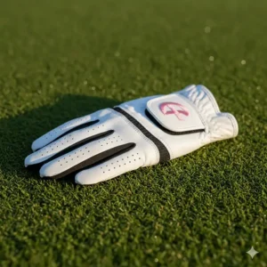 Close-up shot of a durable, patterned left handed golf glove for women highlighting the breathable material and adjustable wrist strap.