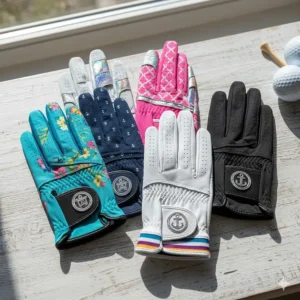 A vibrant collection of colorful and stylish patterned ladies golf gloves for women golfers.