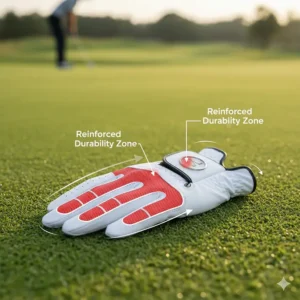Diagram showing reinforced durability zones on a men's left-hand golf glove for extended use and wear resistance.