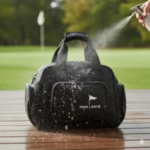 A shot emphasizing the durable, waterproof material of the golf shoes bag, protecting footwear from moisture.