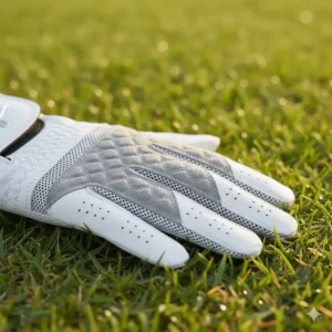 Image focusing on the enhanced grip and padding in the palm area of a durable right handed golf glove.