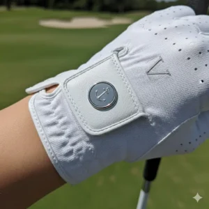 Image of the adjustable wrist closure mechanism on a ladies golf glove, often including a convenient snap ball marker.