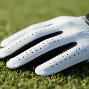 Detail of the breathable perforation on the fingers and knuckle area of the right handed golf glove for maximum comfort and ventilation.