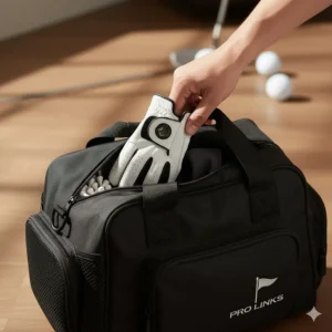 Detail of a zippered side pocket on the golf shoes bag, ideal for storing socks, tees, or a golf glove.