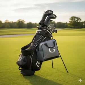 A golf shoe bag with a carabiner clip attached to a man's golf bag, illustrating convenient external carrying.