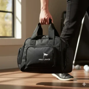 A user carrying the golf shoes bag by its sturdy, comfortable carrying handle or shoulder strap.