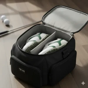 Inside view of the golf shoes bag showing the main compartment with a divider to protect shoes from scuffing.
