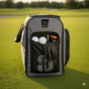 Detail view of a golf shoe bag's exterior side pocket that provides extra storage for golf balls, tees, or valuables.