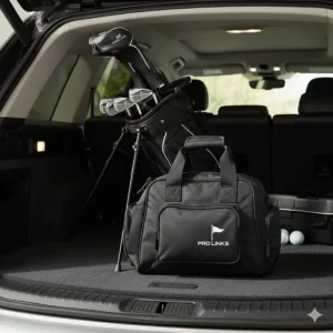 The golf shoes bag neatly placed in a car trunk or golf locker, demonstrating its compact storage capability.