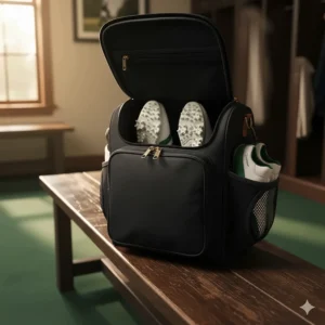 Pair of golf shoes neatly stored inside a custom golf shoe bag, showing the spacious interior and zipper closure.