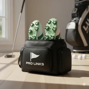 A pair of golf shoes with spikes safely stored inside the zipped-up golf shoes bag, ready for travel.