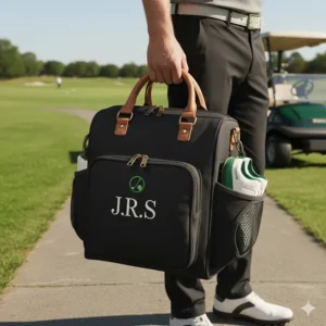 A golfer easily carrying a durable custom golf shoe bag using the sturdy side handle.