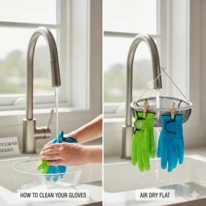 Step-by-step image showing how to gently hand-wash and air-dry youth golf gloves to maintain their grip and shape.