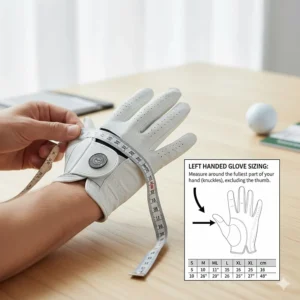 Diagram showing how to properly measure your hand to ensure the correct fit for a comfortable left handed golf glove.