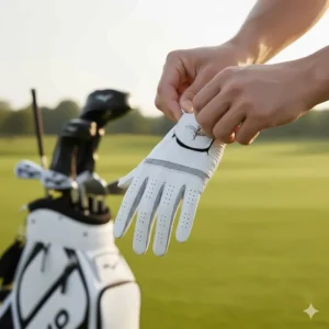 Diagram showing a golfer properly wearing the glove on their left hand for a right-handed golf swing.