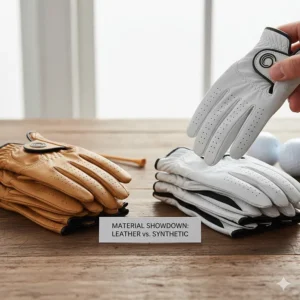 A comparative display of premium leather and durable synthetic materials used in high-performance junior golf gloves.
