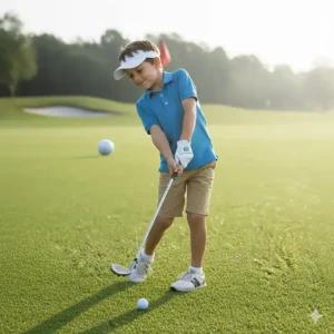 Happy child wearing the new kids golf glove while practicing their swing on a sunny golf course.