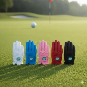 A display of all the colorful options available for the durable kids golf glove, including blue, pink, and red.
