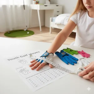 Close-up of a child's hand being measured against a youth golf glove sizing chart for a perfect fit.