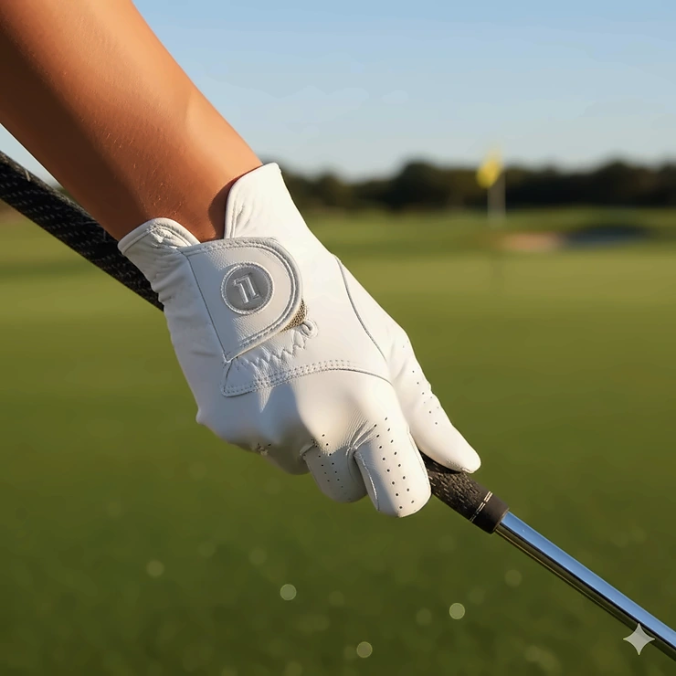 Close-up of a woman's hand wearing a premium white ladies golf glove while gripping a golf club on the tee box.