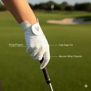 Diagram showing the criteria for a proper, snug fit of a ladies golf glove for maximum control and comfort during the swing.