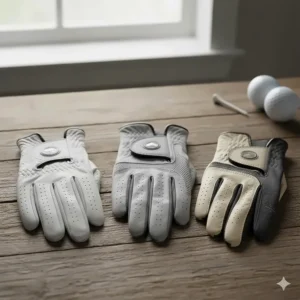 Comparison of different materials for ladies golf gloves, including soft cabretta leather and durable synthetic options.